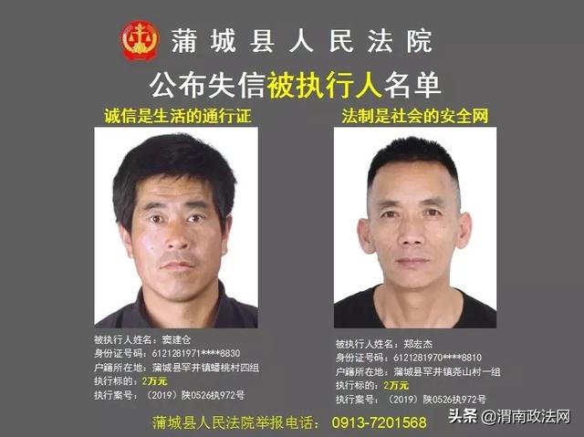 蒲城县人民法院公布2019年第七批失信被执行人名单