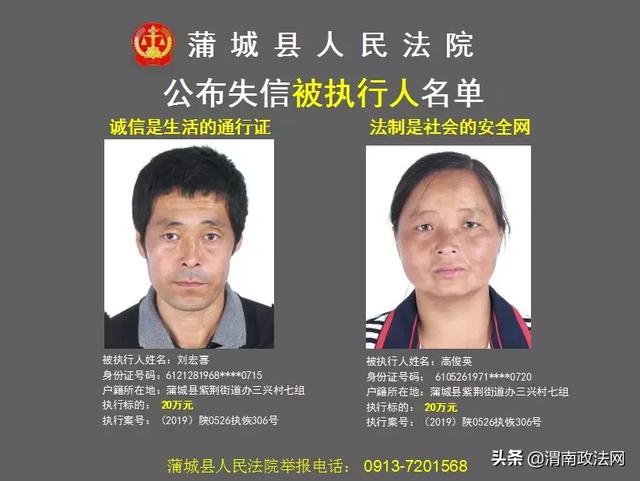 蒲城县人民法院公布2019年第七批失信被执行人名单
